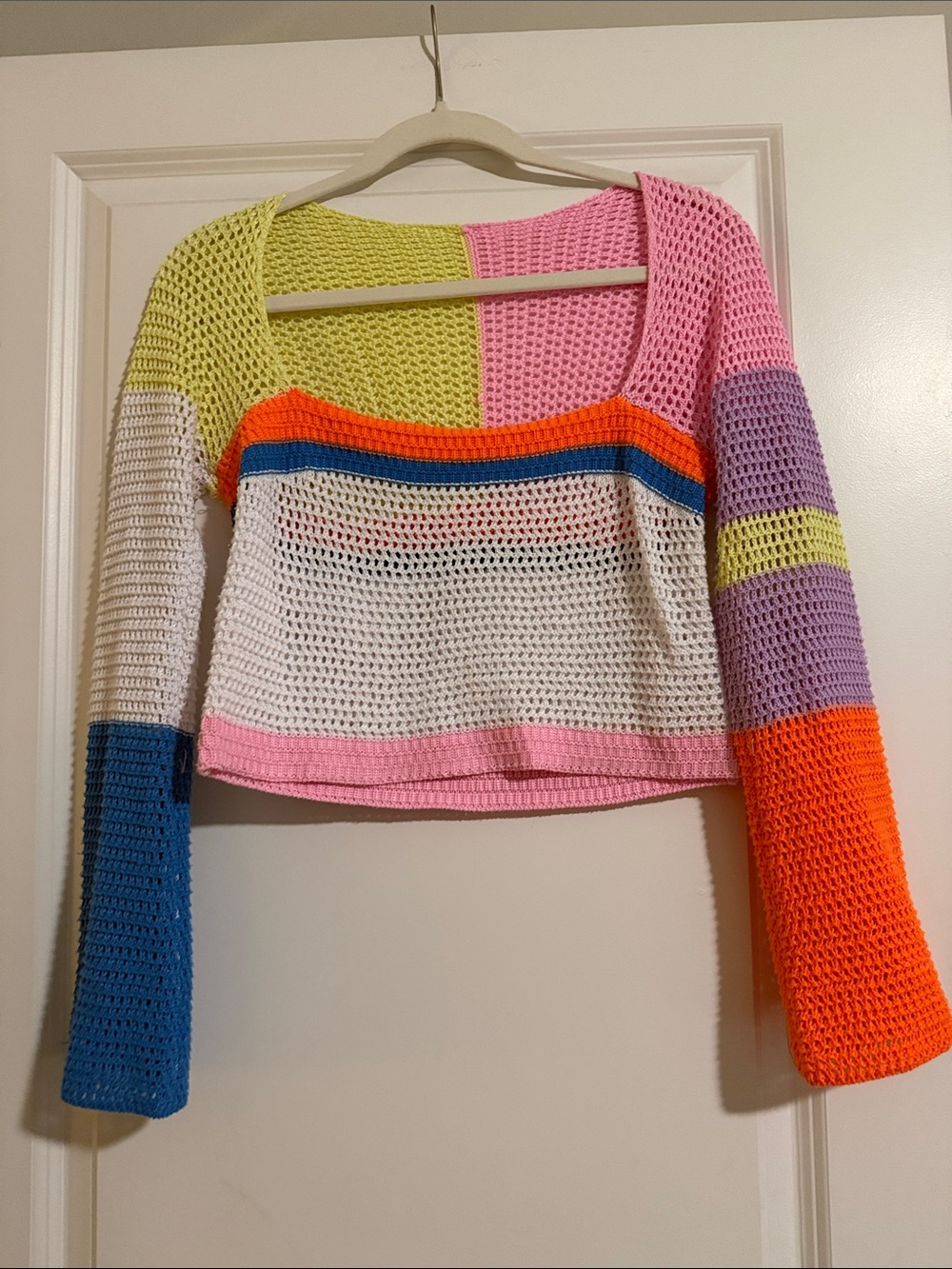Colorblock Crochet Off-the-Shoulder Sweater - Multi Pink